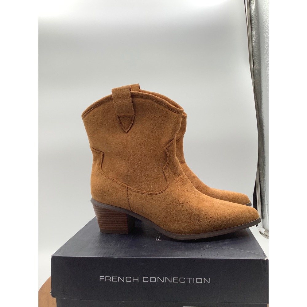 French Connection Cognac Western Ankle Boots Faux Suede Pointed‎ Toe Size 9
